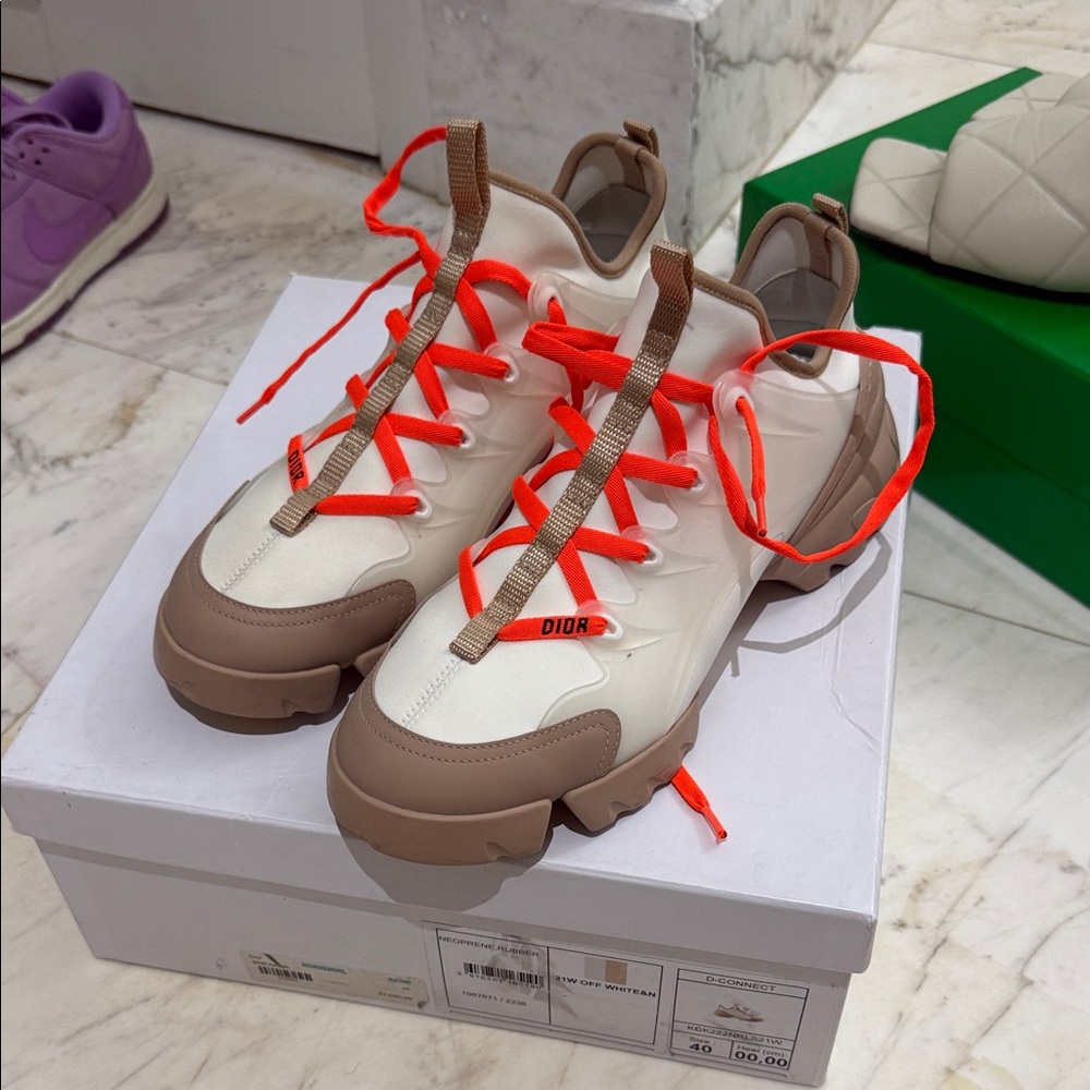 Dior Cream and Brown Sneakers with Vibrant Orange Laces